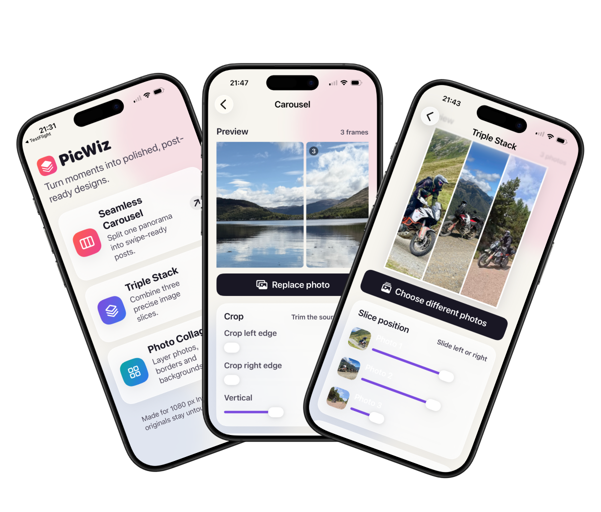 PicWiz app screens showing photo layouts